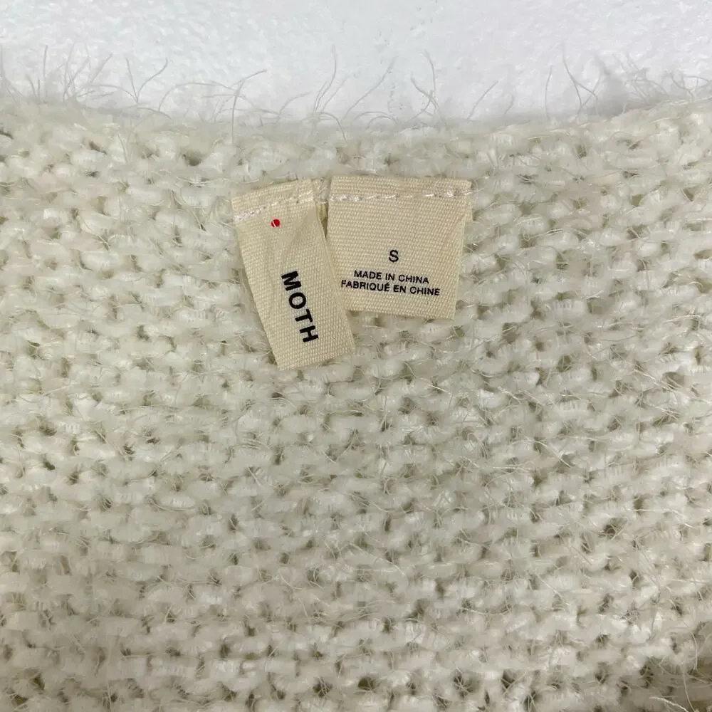Moth | Anthropologie NWT White Soft Chunky Knit Metallic Stripe Fringe Sweater - Picture 10 of 12